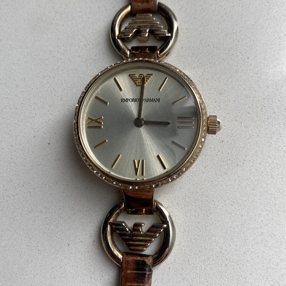 Emporio Armani gold watch with brown leather band - Picture 3 of 5